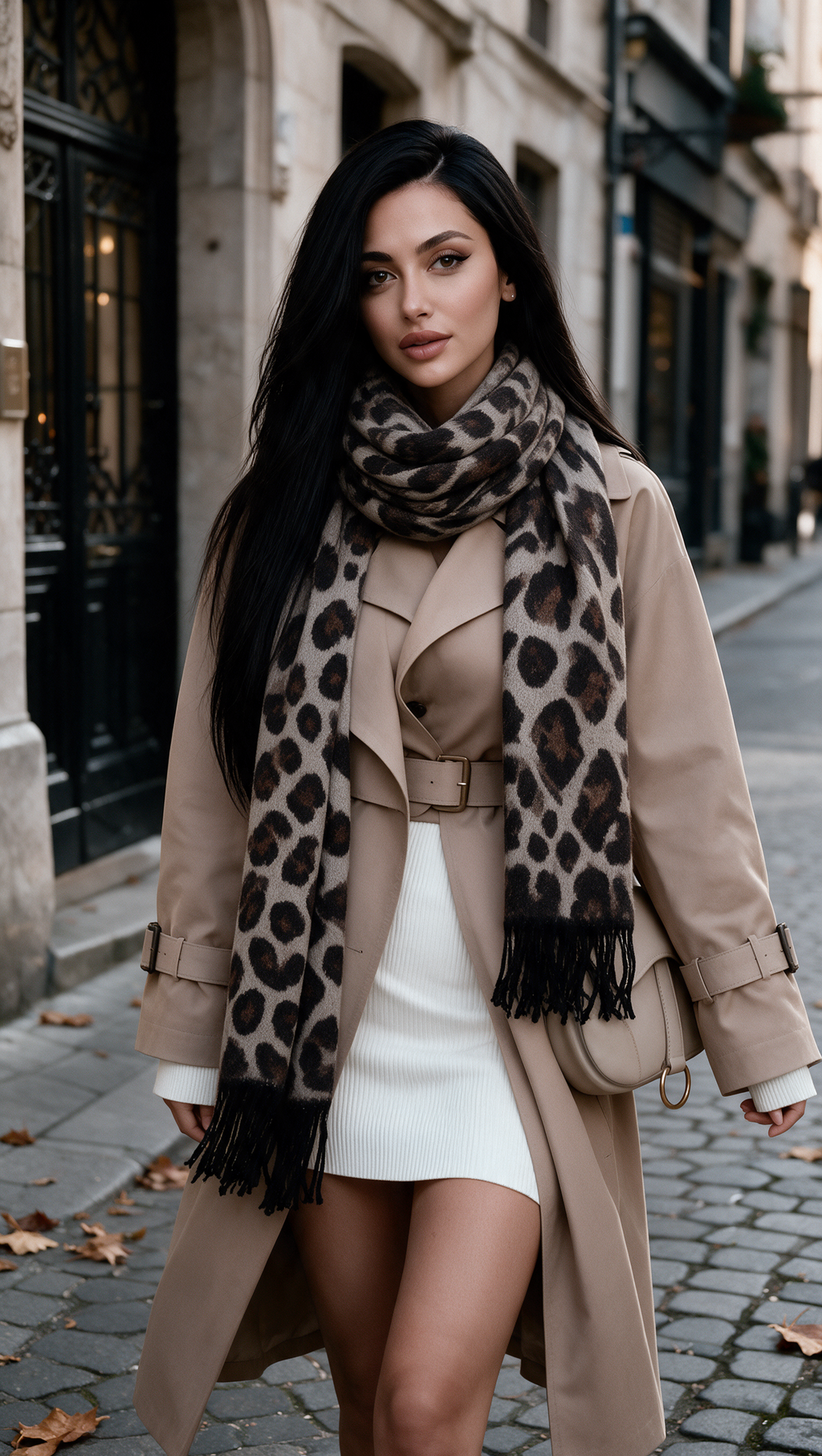 Sienna - Klasik Taba Kahve Leopar Desenli Püsküllü Kadın Atkı /Şal